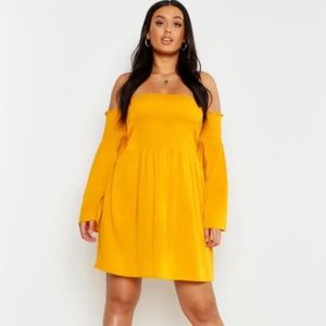 Shirred Flare Sleeve Bardot Skater Dress